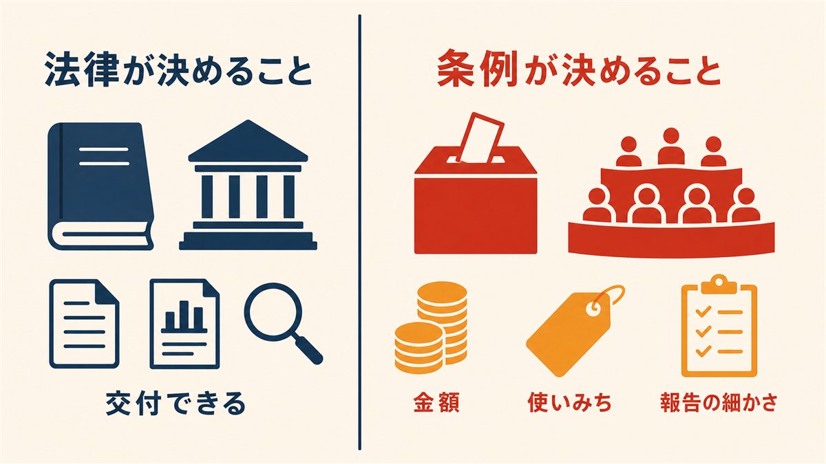 法律が決めていることと、条例（議会）が決めていることを左右に分けて示した図