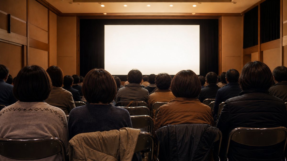 小さな上映会場で、満席に近い客席の観客が上映開始を待っている後ろ姿