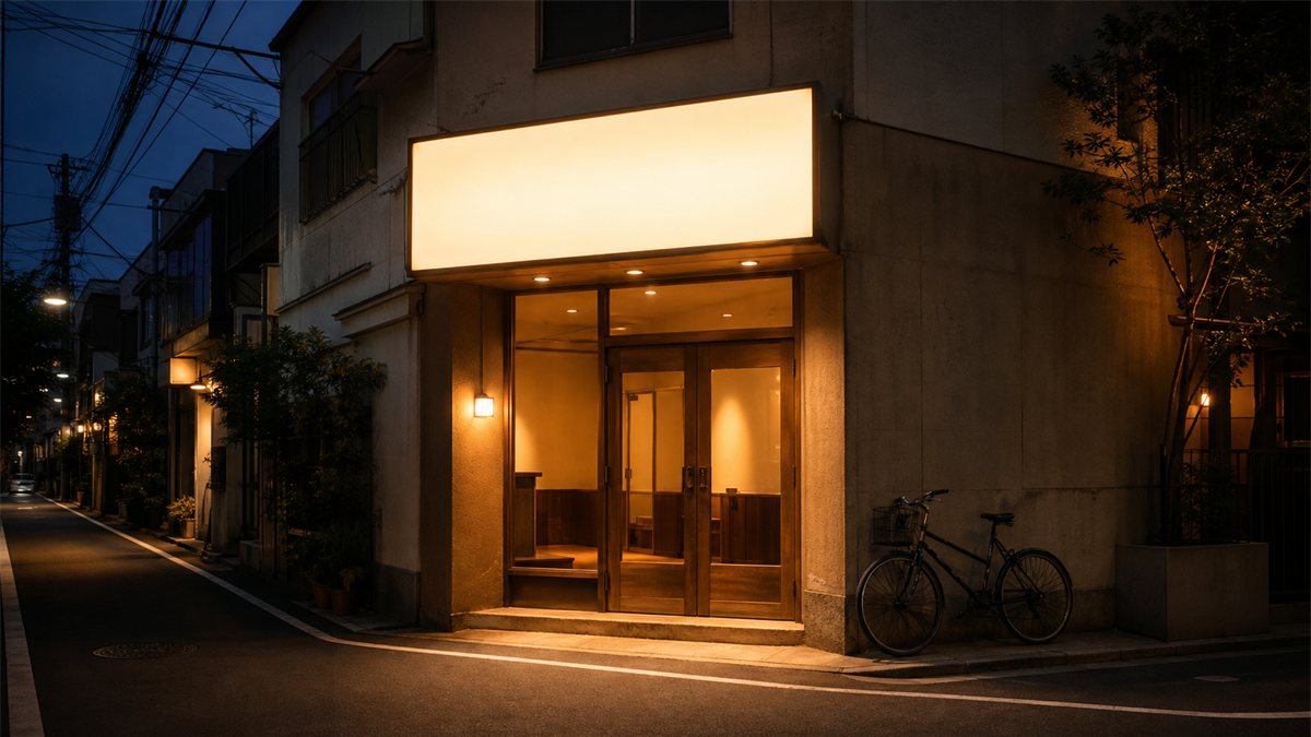 夕暮れの街角に灯る小さな映画館の入口