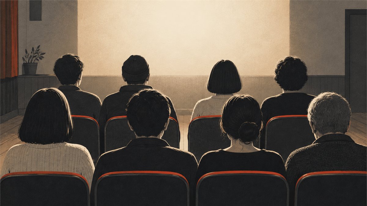 上映会の会場で、スクリーンの光を受けながら並んで座る人々の後ろ姿
